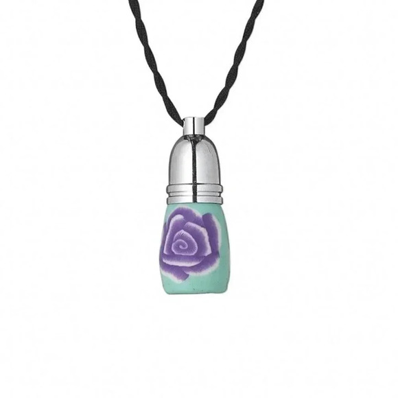 Purple Rose Aqua Blue Poly Clay Glass Little Perfume Bottle Pendant Necklace - Picture 2 of 2